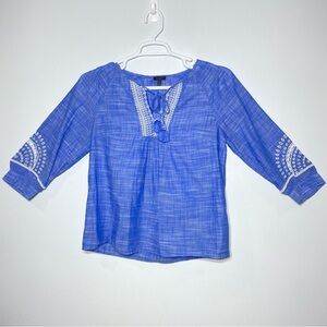 Talbot’s Chambray Boho Blouse Women's S Blue White Embroidered 3/4 Sleeve Top